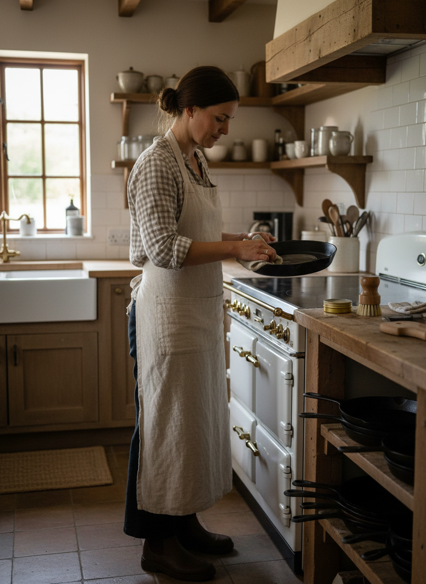 Woman in a kitchen wearing an apron, standing by a stove.
