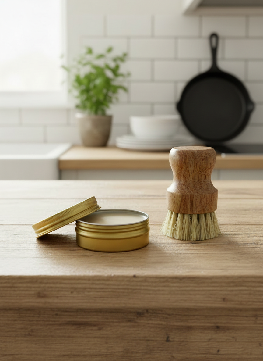 tallow skincare Kitchen cleaning set with yellow containers and wooden brush on a wooden countertop.