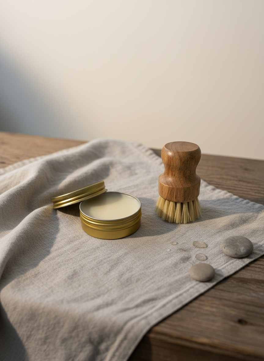 Set of gold containers, a wooden brush, and stones on a textured fabric surface.