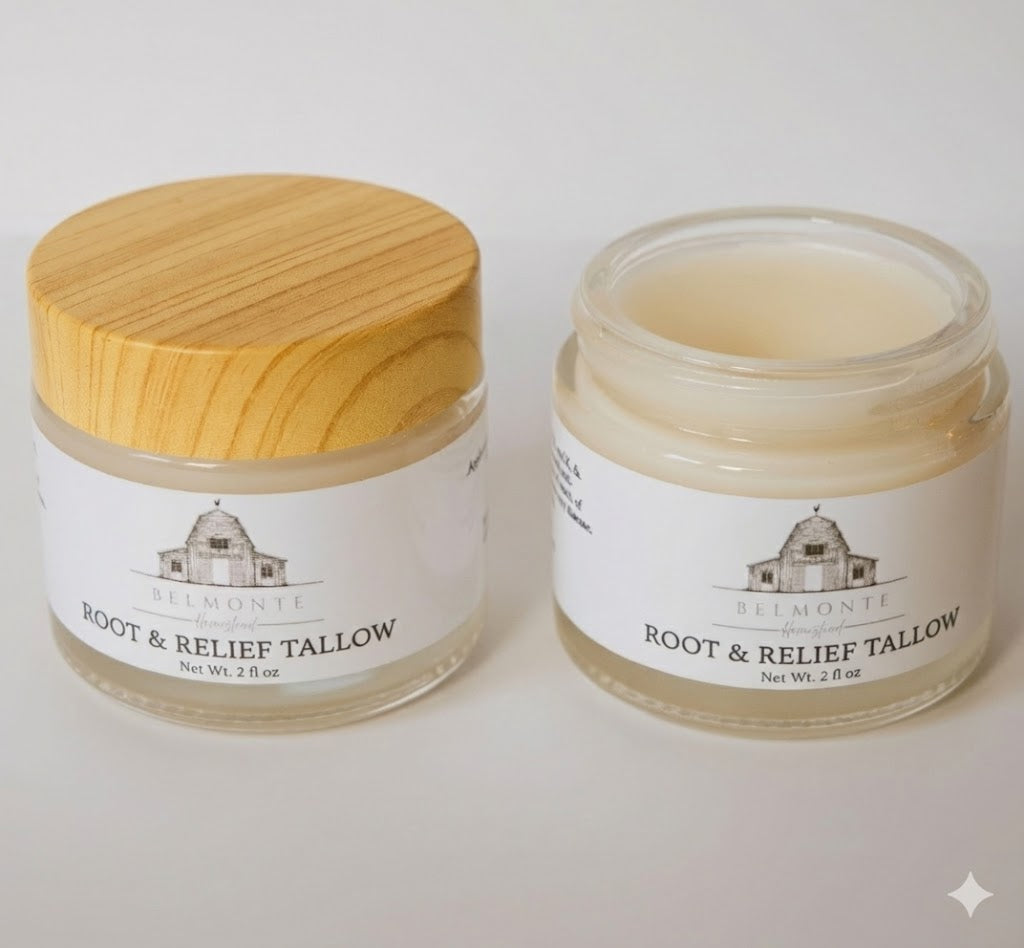 Two jars of 'Root & Relief Tallow' with wooden lids on a white background