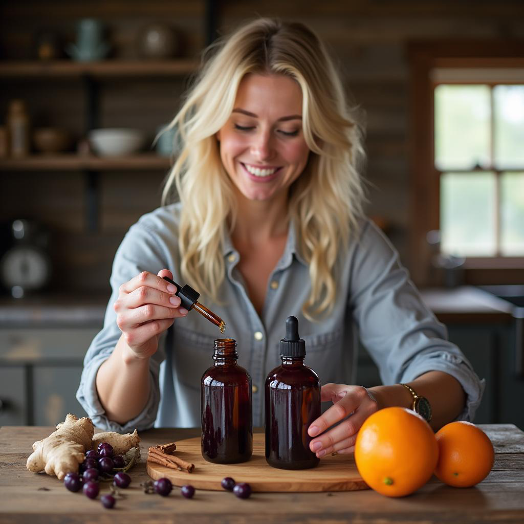Woman in a kitchen setting with bottles, fruits, and spices on a wooden surface.