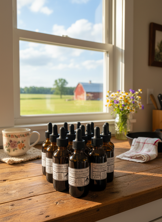 Row of brown glass bottles with droppers on a wooden surface near a window with a view of a barn.